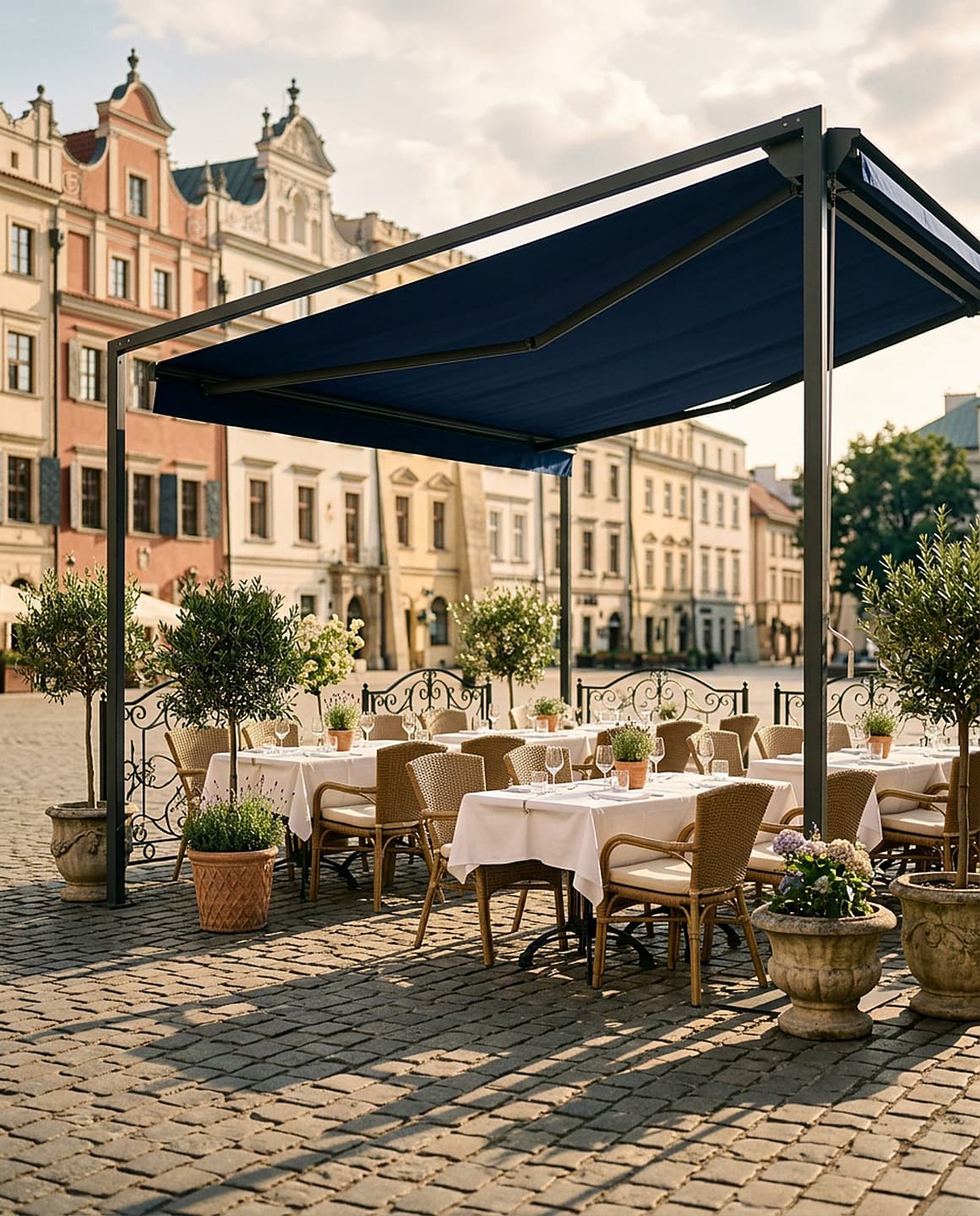 Ogródek restauracyjny pod granatową markizą na rynku starego miasta